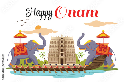 Onam Greeting Banner with Elephants, Temple, and Boat Race