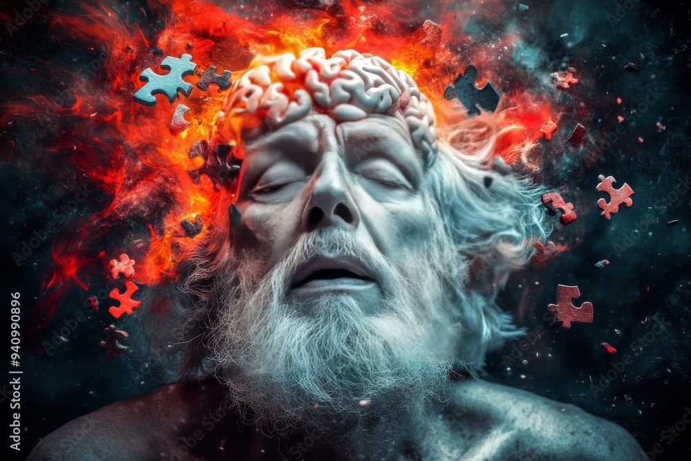 Artistic digital painting of an elderly man with puzzle pieces floating around his head symbolizing the fragmentation of memory the passage of time and the struggles of cognitive decline Artistic digital painting of an elderly man with puzzle pieces floating around his head symbolizing the fragmentation of memory the passage of time and the struggles of cognitive decline