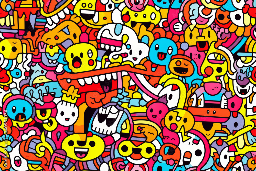 A colorful and playful seamless pattern with various cute cartoon characters and doodles. A colorful and playful seamless pattern with various cute cartoon characters and doodles.