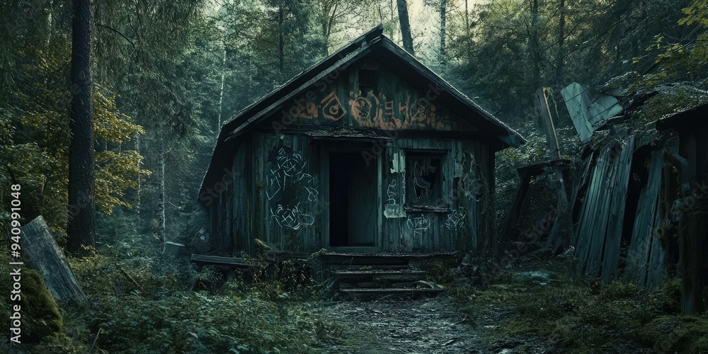 Dark abandoned cabin in overgrown forest. Dark abandoned cabin in overgrown forest.