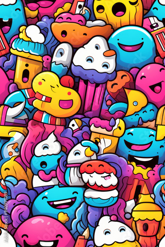 A colorful and vibrant doodle pattern featuring cute characters, food, and objects.