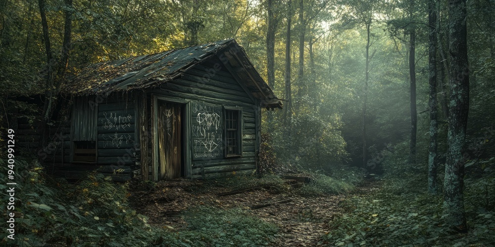 A wooden cabin in a misty forest. A wooden cabin in a misty forest.