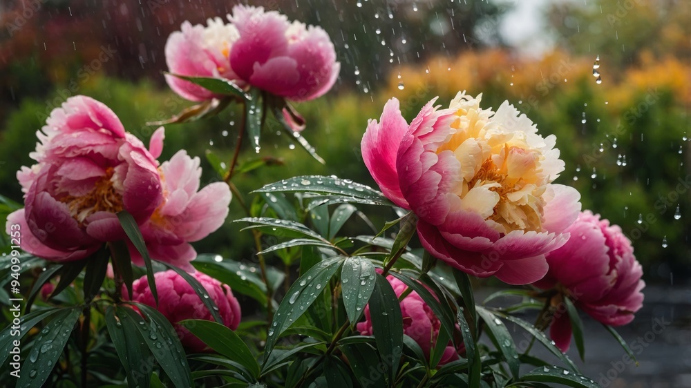 Obraz premium Pink peonies are drenched in raindrops, creating a vibrant display in the garden's greenery