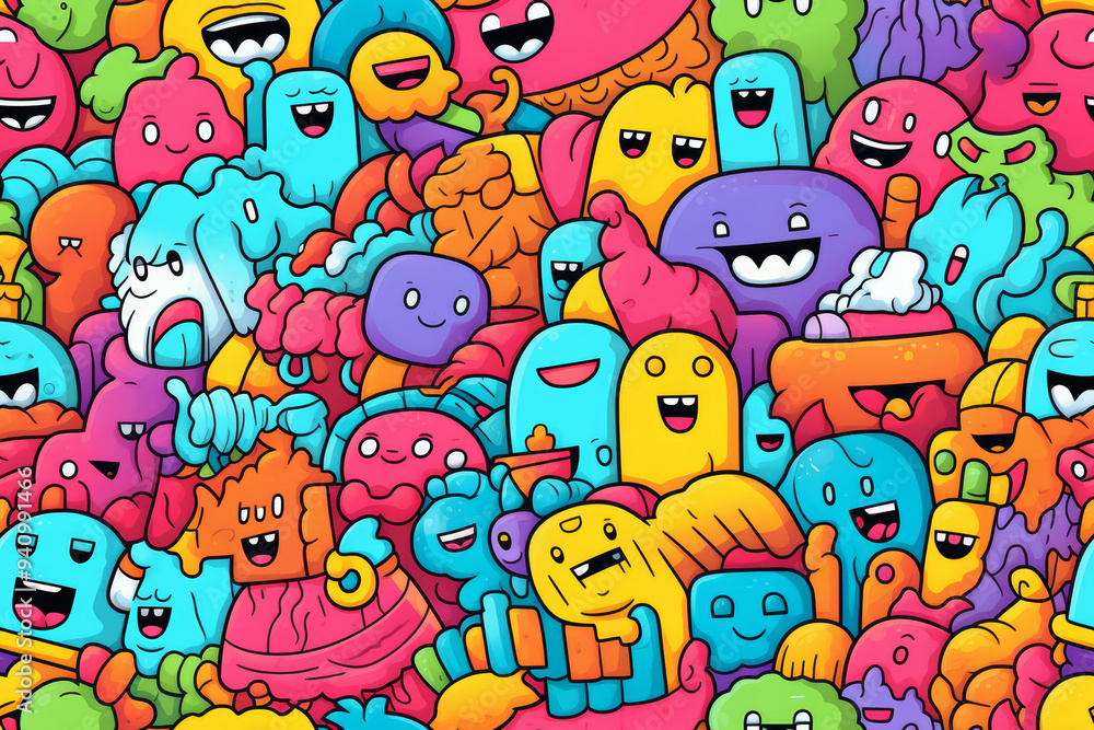 A colorful and vibrant pattern featuring a variety of quirky and whimsical cartoon characters in various poses and expressions. A colorful and vibrant pattern featuring a variety of quirky and whimsical cartoon characters in various poses and expressions.