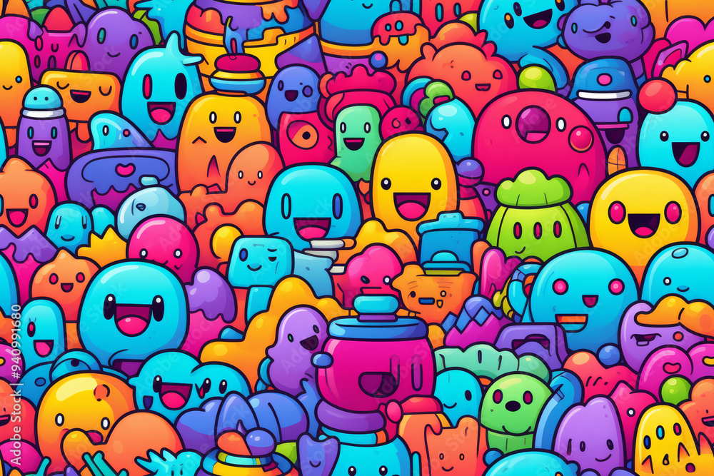 A colorful and vibrant seamless pattern featuring a variety of happy cartoon characters in different shapes and sizes. A colorful and vibrant seamless pattern featuring a variety of happy cartoon characters in different shapes and sizes.