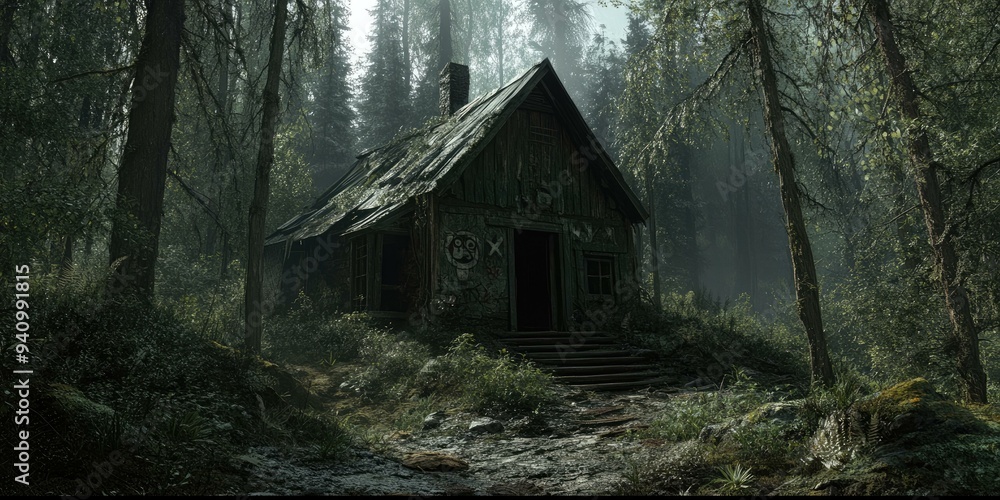 A dilapidated cabin sits in a dense, misty forest. A dilapidated cabin sits in a dense, misty forest.
