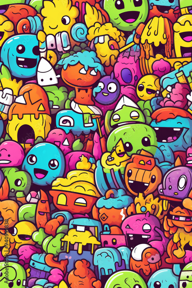 A colorful and vibrant seamless pattern with a fun and quirky doodle style featuring various characters, shapes, and abstract forms. A colorful and vibrant seamless pattern with a fun and quirky doodle style featuring various characters, shapes, and abstract forms.