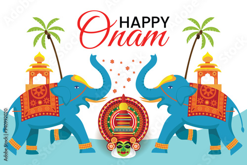 Onam Greeting Banner with Elephants, Kathakali Mask, and coconut Trees