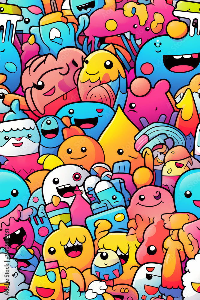 Naklejka premium A colorful and whimsical doodle pattern with happy cartoon creatures.