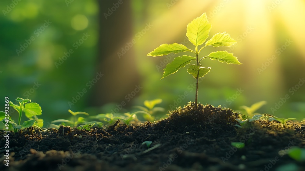 A small green seedling sprouts from rich soil with a ray of sunlight shining down on it. A small green seedling sprouts from rich soil with a ray of sunlight shining down on it.