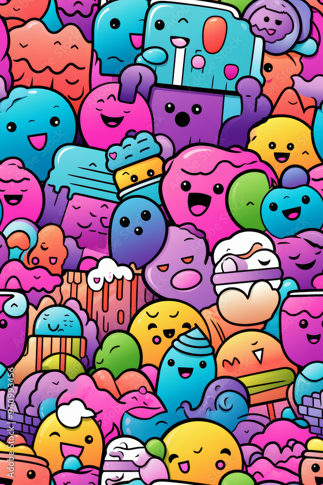 A colorful and whimsical pattern of cartoon characters with happy faces, in various shapes and forms, set against a background of vibrant colors. A colorful and whimsical pattern of cartoon characters with happy faces, in various shapes and forms, set against a background of vibrant colors.