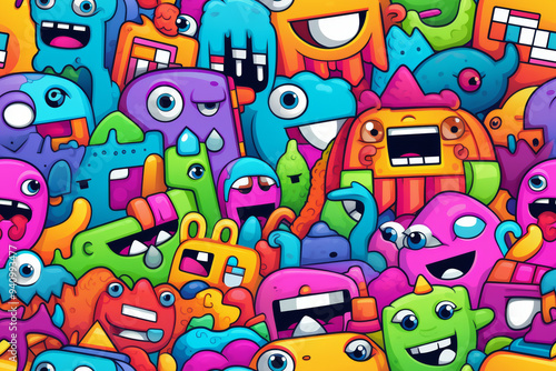 A colorful and whimsical pattern of cute cartoon monsters with various expressions and features.