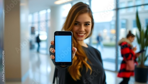 A young woman female displaying smartphone with empty screen, showcasing modern technology Free Download A young woman female displaying smartphone with empty screen, showcasing modern technology - GFXLoad