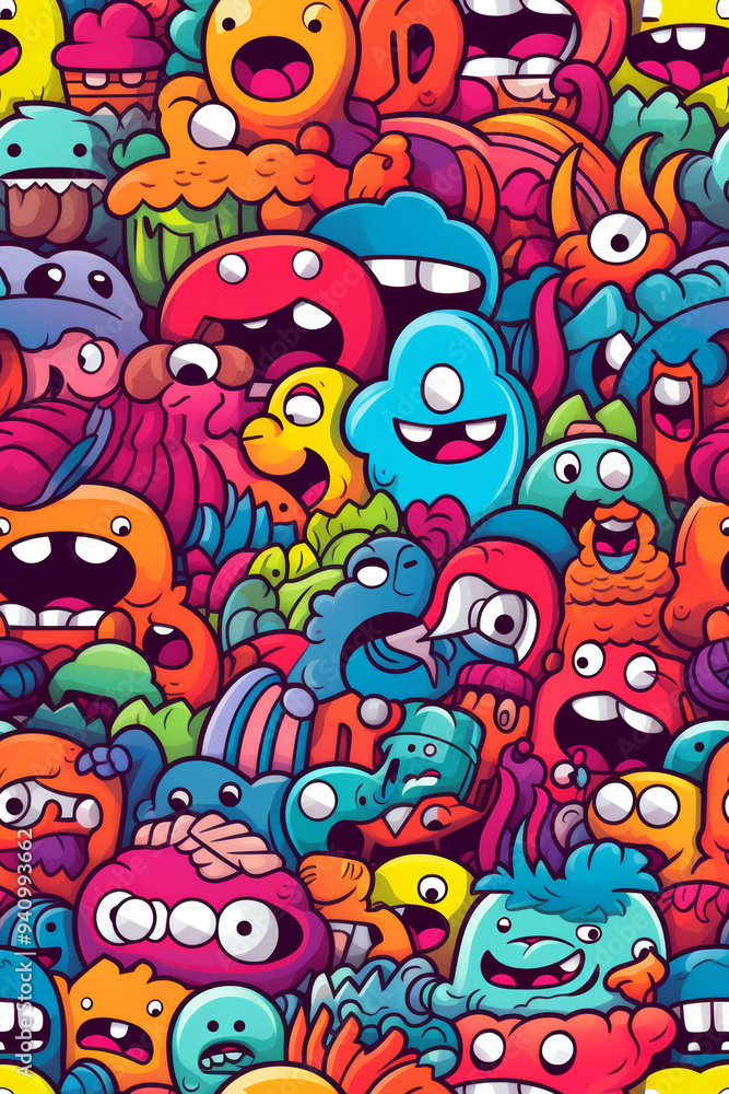 A colorful and whimsical pattern of cartoon monsters with different shapes, sizes, and expressions. A colorful and whimsical pattern of cartoon monsters with different shapes, sizes, and expressions.