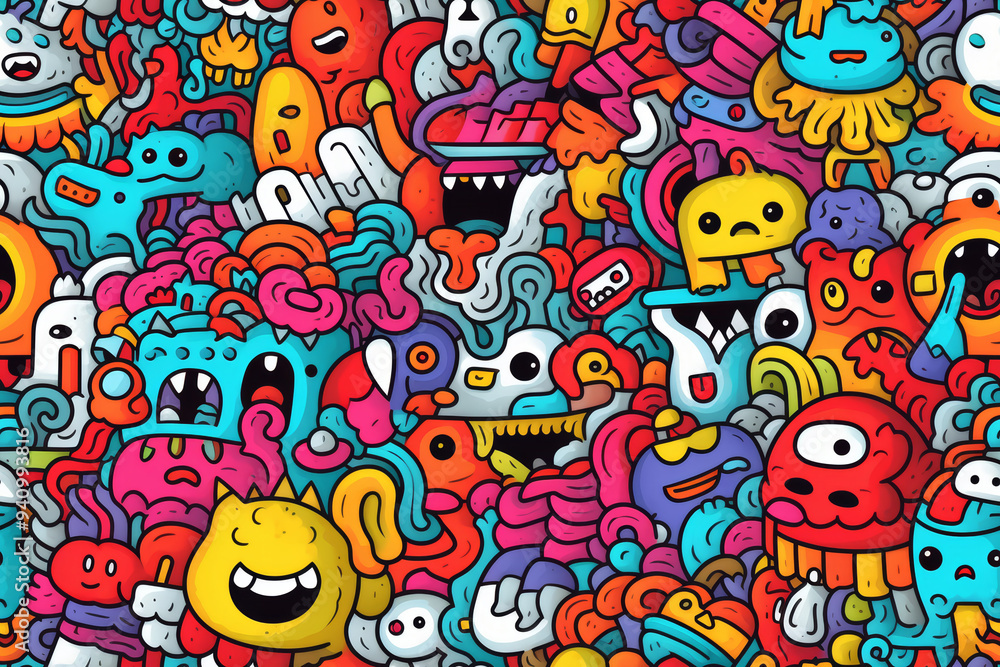 A colorful and whimsical pattern of various doodle monsters, creatures, and abstract shapes. A colorful and whimsical pattern of various doodle monsters, creatures, and abstract shapes.