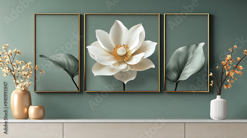 Abstract white and gold flower divided in a set of 3 picture frames hanging on a plain pastel olive green wall. 