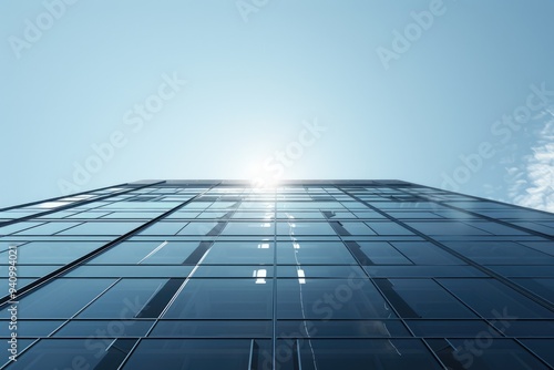 High-rise building with glass and steel structure  set against a clear blue sky