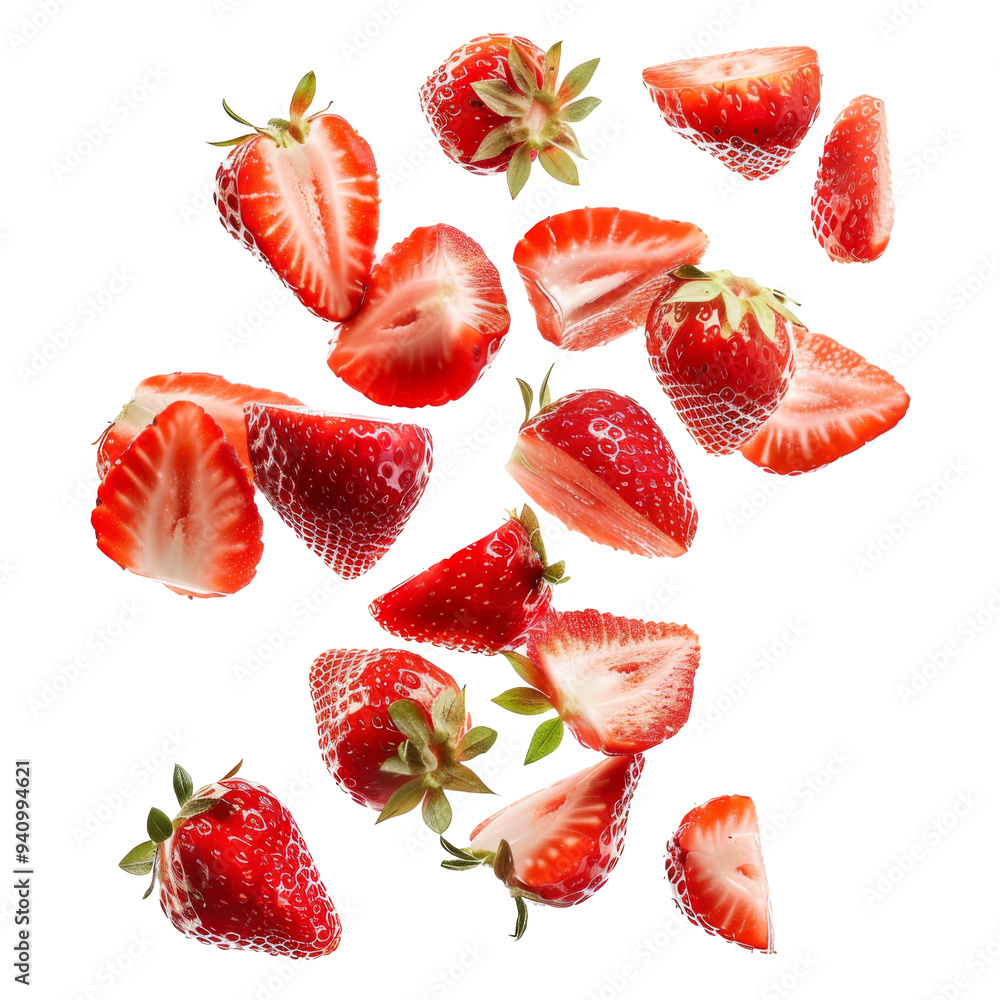 Strawberry slices flying isolate on white or transparent background Strawberry slices flying isolate on white or transparent background