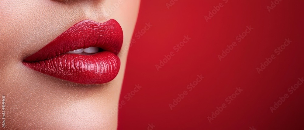 A tight frame of a woman's vivid red-lipped mouth against a deep red backdrop A tight frame of a woman's vivid red-lipped mouth against a deep red backdrop