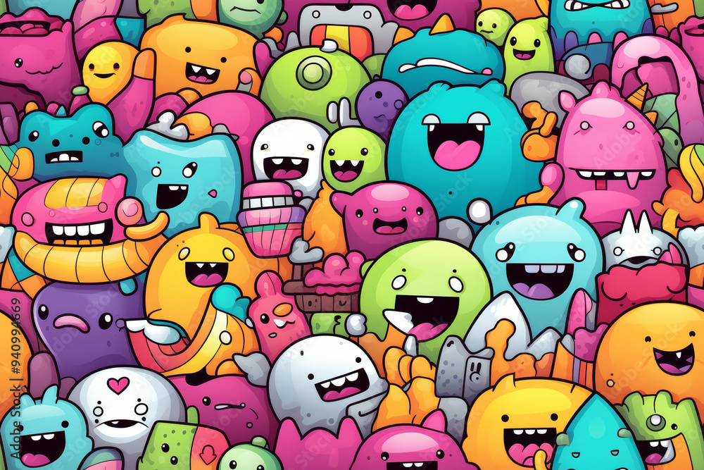 A colorful background pattern of cute cartoon monsters and creatures in various shapes and sizes, all with happy expressions. A colorful background pattern of cute cartoon monsters and creatures in various shapes and sizes, all with happy expressions.