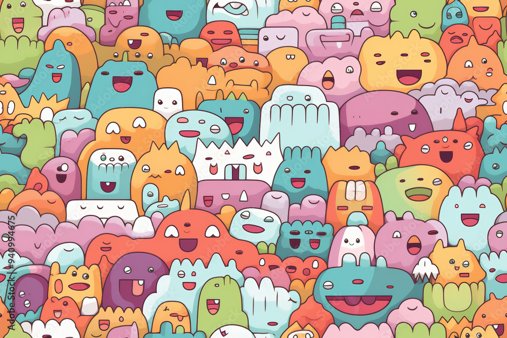 A colorful background pattern with a variety of cute, happy, and whimsical cartoon monsters. A colorful background pattern with a variety of cute, happy, and whimsical cartoon monsters.