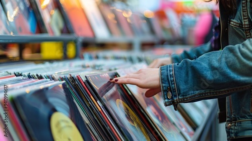 Full frame of an individual browsing vinyl records in a retro shop,