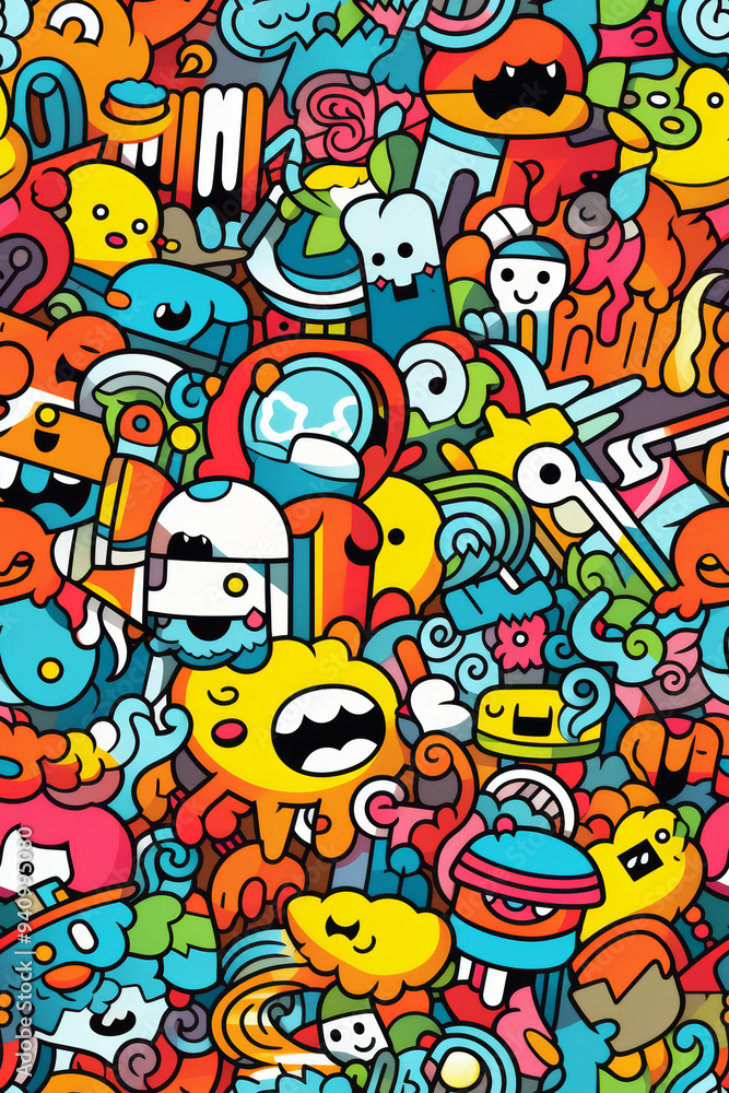 A colorful doodle pattern with various cartoon characters, abstract shapes, and geometric patterns.