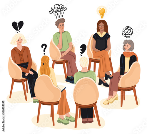 Group psychotherapy. Mental health support group. People discuss problems. Vector.