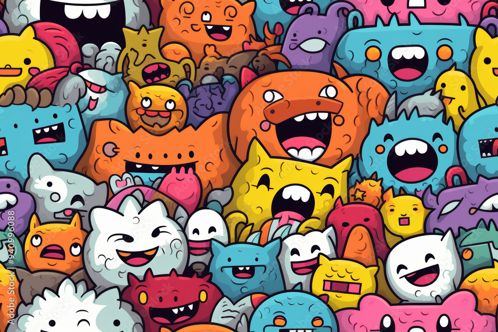 A colorful pattern of happy cartoon monsters with different shapes and expressions. A colorful pattern of happy cartoon monsters with different shapes and expressions.