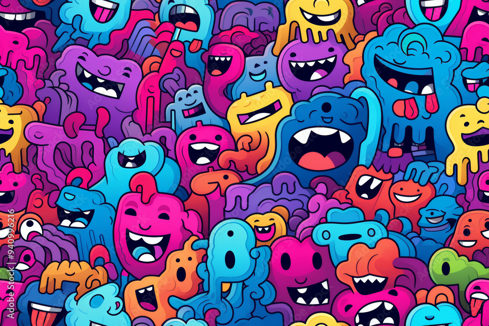 Obraz premium A colorful seamless pattern featuring a chaotic and playful crowd of cartoon monsters with different expressions and colors.