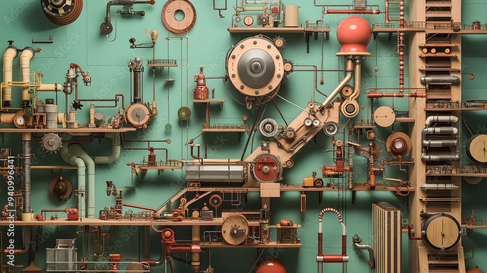 Intricate Mechanical Illustration on Teal Background Intricate Mechanical Illustration on Teal Background