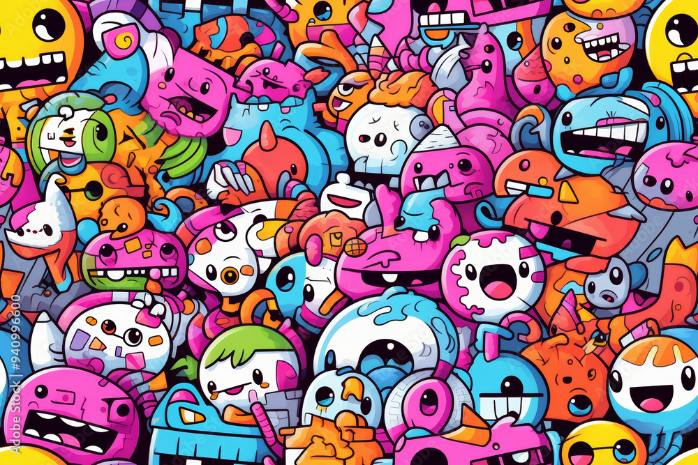 A colorful seamless pattern of cute cartoon monsters and characters. A colorful seamless pattern of cute cartoon monsters and characters.