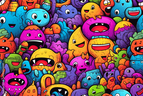 A colorful seamless pattern of cute cartoon monsters with various expressions and colors.