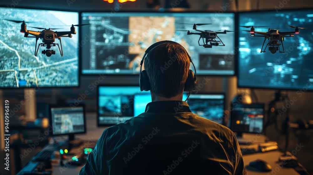 Drone delivery service professional monitoring drones in flight from a control room. Drone delivery service professional monitoring drones in flight from a control room.