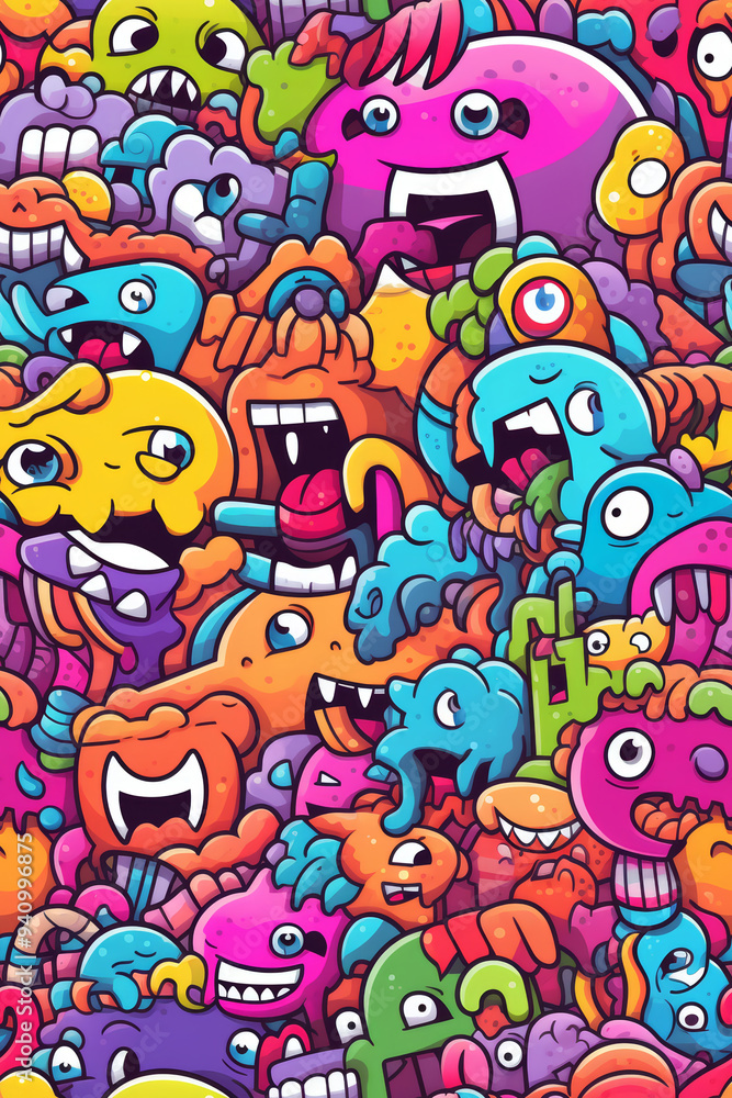 Fototapeta premium A colorful seamless pattern of funny monsters with different expressions and designs.