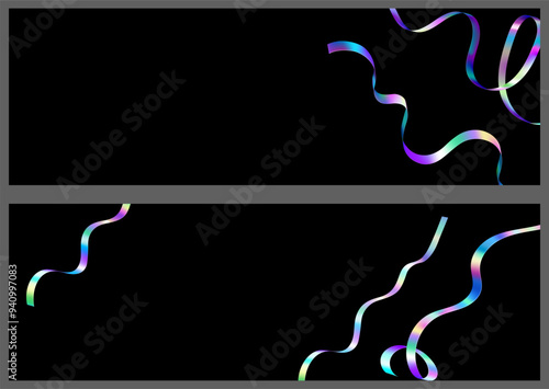 Black background with realistic holographic ribbons, serpentine, confetti, shiny rainbow twisted tape vector design