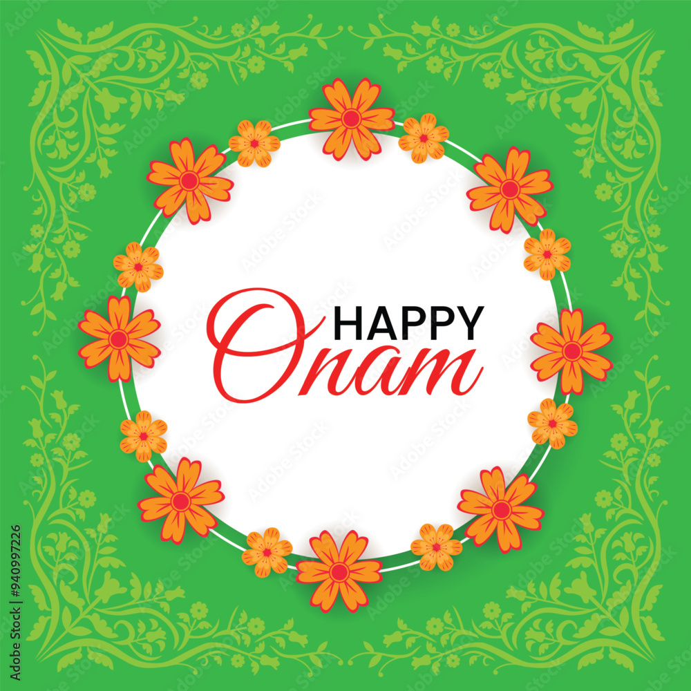 Fototapeta premium Elegant Onam Greeting Banner with Floral Wreath and Decorative Border