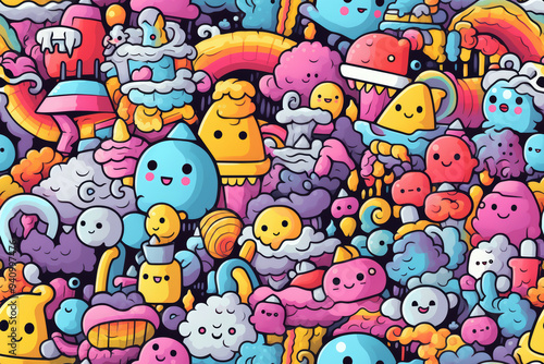 A colorful, cartoonish pattern featuring a variety of whimsical characters and shapes.