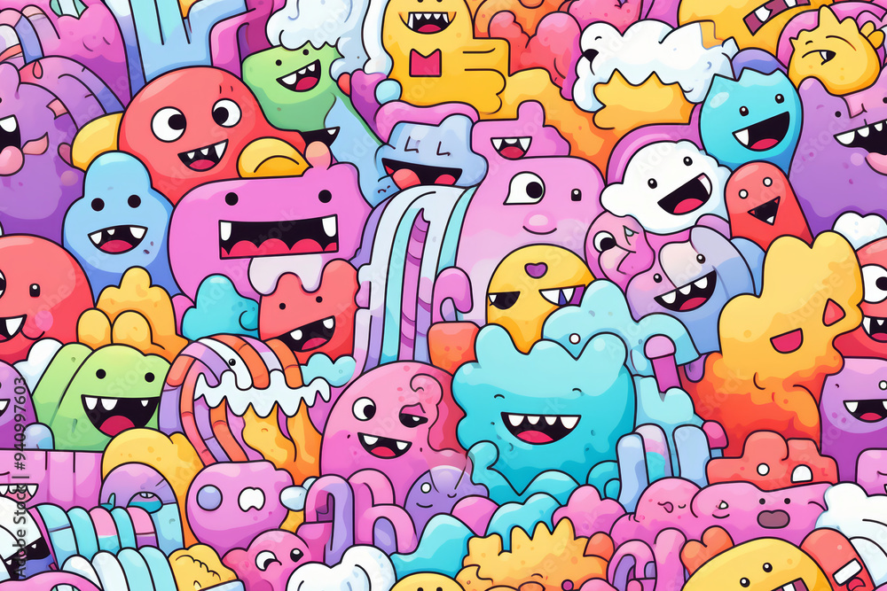 A colorful seamless pattern with happy cartoon characters and doodles. A colorful seamless pattern with happy cartoon characters and doodles.