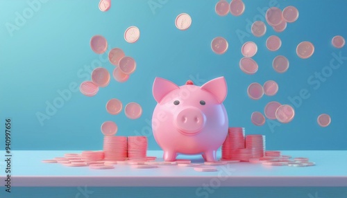 3D illustration of a small pig piggy bank on the table on a blue background, coins falling Direction of business and management, coins in a stack Flat business cartoon 