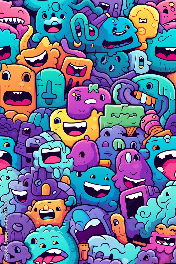 A colorful, chaotic pattern of cartoon monsters with different expressions and colors. A colorful, chaotic pattern of cartoon monsters with different expressions and colors.