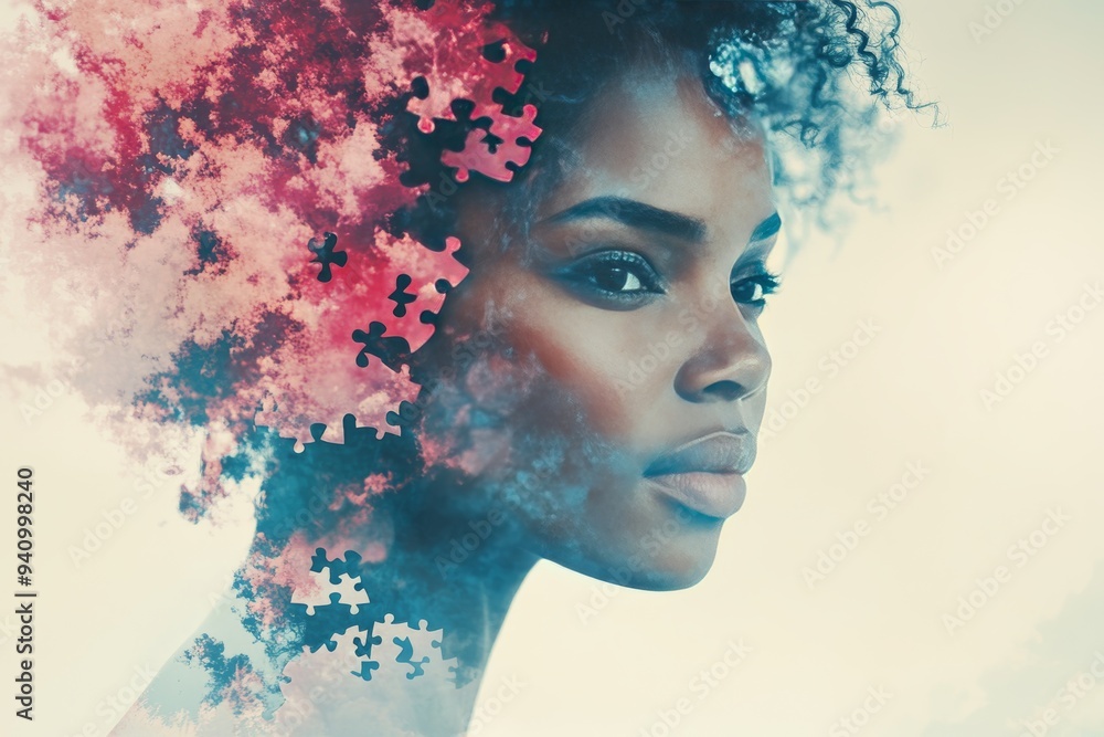Dreamy portrait of a woman with her head dissolving into pink puzzle pieces symbolizing the delicate nature of thought the complexities of identity and the introspective journey of self discovery Dreamy portrait of a woman with her head dissolving into pink puzzle pieces symbolizing the delicate nature of thought the complexities of identity and the introspective journey of self discovery