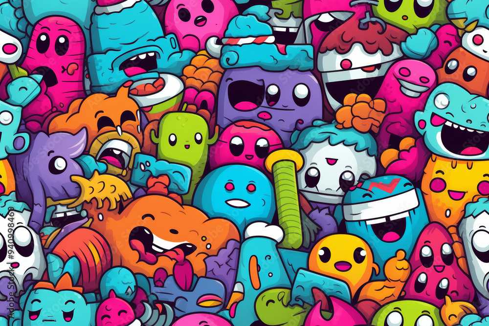 A colorful, playful pattern of cartoon monsters, creatures, and doodles. A colorful, playful pattern of cartoon monsters, creatures, and doodles.