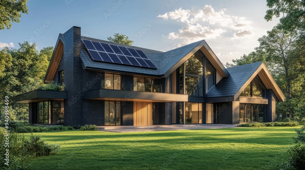 3D rendering of a modern house with solar panels on the roof and large windows,
