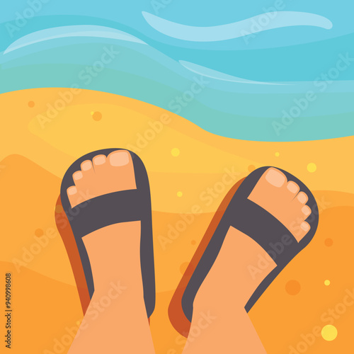 Point of view of a person standing on a beach wearing sandals with the ocean in the background
