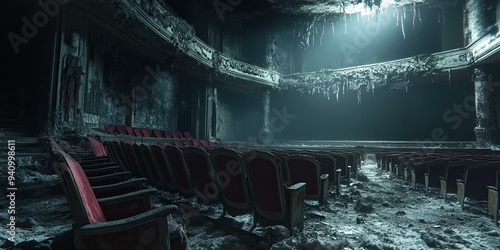 Abandoned theater seats covered in debris. photo