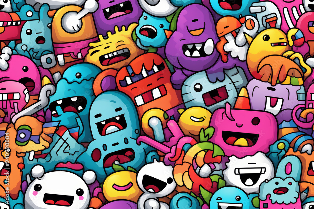 A colorful, playful pattern of doodle-style monsters, each with unique features and expressions. A colorful, playful pattern of doodle-style monsters, each with unique features and expressions.