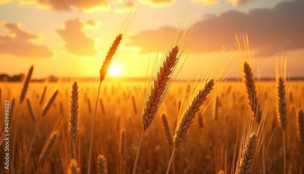 Fototapeta premium Ripe wheat fields natural landscape at sunset. farm harvest season.