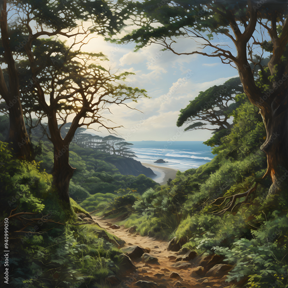 autumn forest in the sunset, oil painting style, blue sea, green tree, yellow sky autumn forest in the sunset, oil painting style, blue sea, green tree, yellow sky