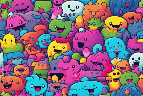 A colorful, vibrant background pattern with happy cartoon monsters.